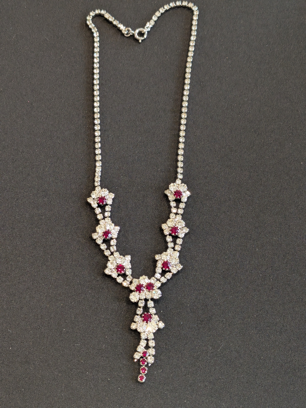 Elegant Ruby and White Crystal Drop Necklace - Women Jewelry 9.5"